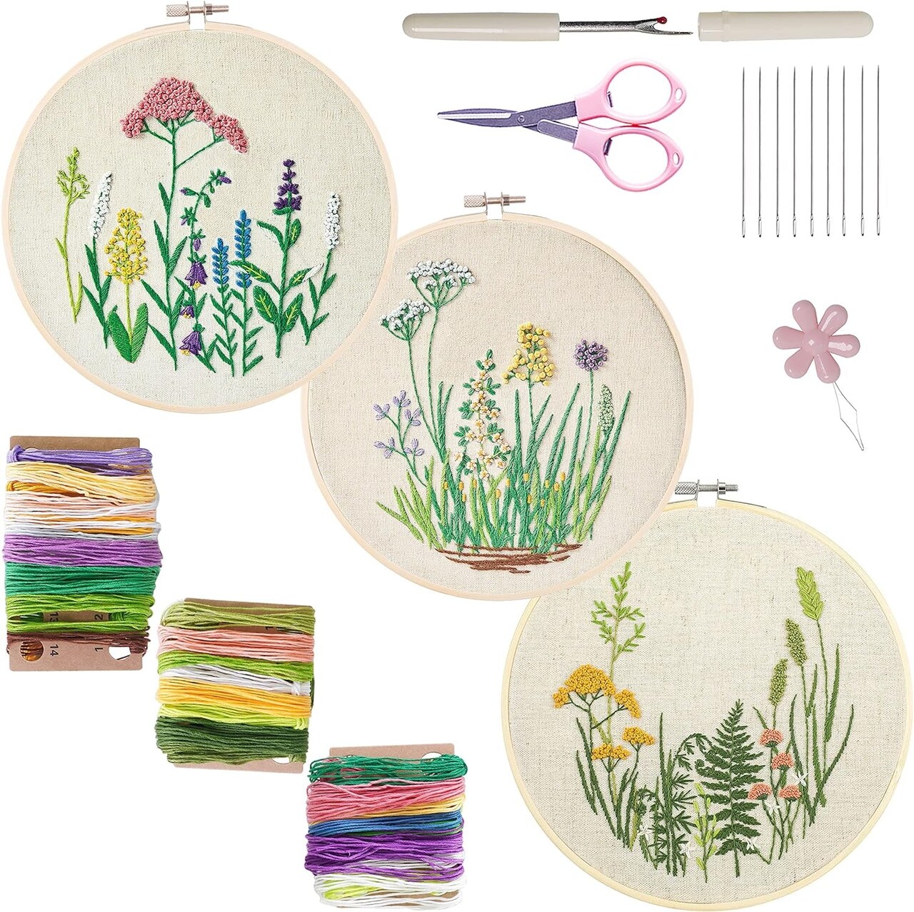 Embroidery Kit for Beginners, 3 Sets Embroidery Kit for Craft Lover Handy Stitch with Embroidery Fabric with Pattern,Full Range Accessories (Cats)